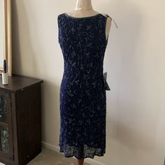 Beautiful Navy Beaded Dress. Nwt Absolutely Stunning!! Elegant Blue Embellished Midi Dress, Elegant Embellished Blue Midi Dress, Blue Embellished Fitted Midi Dress, Fitted Embellished Blue Midi Dress, Blue Embellished Evening Midi Dress, Blue Embellished Midi Dress For Evening, Blue Beaded Dress For Night Out, Blue Embellished Midi Dress For Cocktail, Blue Embellished Midi Cocktail Dress