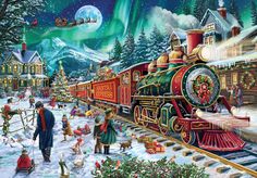 a christmas train is coming down the tracks with santa's sleigh in the background