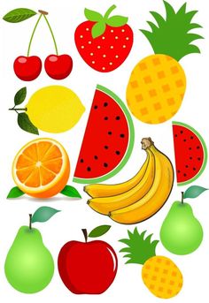 an assortment of fruits including bananas, apples, oranges and watermelon on a white background