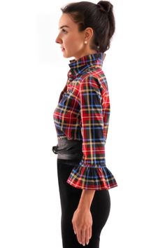 Tartan Scott Priss Blouse Introducing the Tartan Scott Priss Blouse, a stylish blend of tradition and modern flair, designed to bring a touch of Scottish heritage into your wardrobe. Crafted with a classic red, blue, and yellow tartan pattern, this blouse is perfect for those who appreciate bold designs that stand out. The structured fit complements the natural curves while maintaining a comfortable feel, making it an excellent choice for casual outings, gatherings, or a day at work. With flared Tactical Kilt, Great Kilt, Leather Kilt, Scottish Kilts, Tartan Kilt, Duke Of York, Leather Denim, Raw Denim, Gathered Skirt