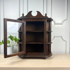 a wooden shelf with a mirror and potted plant in it on top of a table