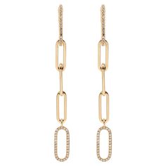 Gender: Ladies Metal Type: 14K Yellow Gold Length:  2.00 inches  Width: 9.50 mm Weight: 2.61 Grams 14K yellow gold diamond dangle earrings with "earring lock" post/back system. The metal was tested and determined to be 14K yellow gold. Engraved with "14K" and "585".  Pre-owned in excellent condition. Might show minor signs of wear. Pavé set in 14 Karat Yellow Gold with: Eighty-eight (88) round brilliant cut natural diamonds: Measurements: 0.70mm - 0.80mm in diameter x ~0.46mm in depth. Weight Range: 0.003 ct. - 0.004 ct. Estimated Total Weight: 0.350 ct. Color: I - J Clarity: VS2 - SI1 Polish: Very Good Symmetry: Very Good TOTAL WEIGHTS: Total weight of diamond(s):~0.35 ctw. SKU: 181970 Luxury 22k Gold Dangle Jewelry, Gold Diamond Drop Earrings, White Gold Studs, Diamond Dangle Earrings, Link Earrings, Drop Dangle Earrings, Diamond Drops, Diamond Drop Earrings, Modern Earrings