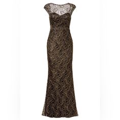 Gold And Black Lace (100% Polyester). Cap Sleeves. Boat Neckline. Boned Bodice With Fitted Skirt. Hidden Back Zipper With Hook-And-Eye Closure. Partially Lined. Sz 8 Preloved Original Retail $895 Elegant Lace Evening Dress With Sweep Train, Elegant Lace Gown For Gala, Elegant Evening Lace Gown, Elegant Lace Evening Dress For Gala, Dressy Lace Evening Dress, Elegant Lace Dress With Sweep Train, Elegant Lace Evening Gown, Lace Evening Dress For Gala, Elegant Lace Mother Of The Bride Evening Dress