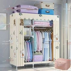 a closet with clothes and suitcases in it