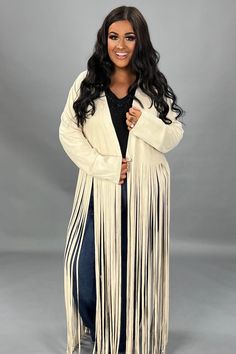 92% POLYESTER -- 8% SPANDEX  MADE IN CHINA  LENGTH:  19.5"/58" Rodeo Outfit, Rodeo Outfits, Long Fringe, Faux Suede Jacket, Long Fringes, Plus Size Womens, Suede Jacket, Rodeo, Faux Suede