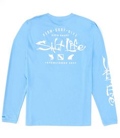 From Salt Life&#x2C; this T-shirt features:Crew necklineLong sleeves; with logo detail on the right armSmall "Salt Life" logo&#x2C; graphics and verbiage on the frontLarge "Salt Life" logo&#x2C; graphics and verbiage on the backPullover constructionSLX performance designUV 30 sun protectionQuick drying and moisture wicking fabricPolyester/spandexMachine wash/hang to dryImported. Spring Moisture-wicking Crew Neck Top, Moisture-wicking Cotton Crew Top, Moisture-wicking Long Sleeve Summer Top, Summer Graphic Print Crew Top, Casual Crew Top With Front Print, Casual Crew Neck Top With Front Print, Relaxed Fit Crew Neck Top For Summer, Long Sleeve Top With Front Print For Spring, Spring Long Sleeve Top With Front Print