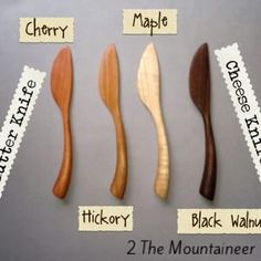 four different types of wooden utensils with labels on them that say, cherry, maple, tricorry, black walnut, and cherry