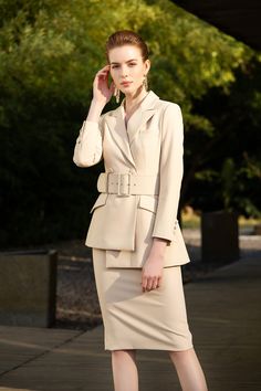 Apricot High Waisted Belt Asymmetric Pants and Skirt Suits. Hight waisted women pantsuits Peak lapels; double-breasted blazer V-Neck, Long sleeves; button cuffs. Structured shoulders. Chest welt pockets. Hip flap pockets Plaid suit Polyester 100% lining Imported Item No.: 201047C1+P2+S1 Skirt Suits Women, Asymmetric Pants, Belted Skirt, Skirt Suits, Plaid Suit, Pantsuits For Women, Suit Pant, Skirt Belt, Work Looks