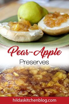 pear - apple preserves recipe on a green plate with apples and an egg in the background