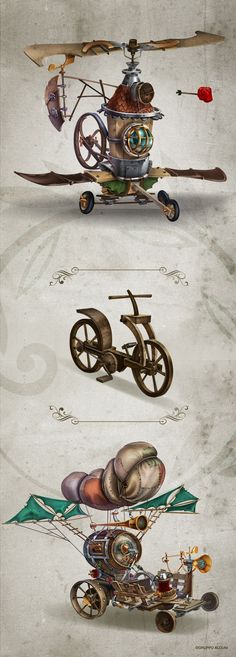 three different types of vehicles are shown in this graphic art work, each with wheels and spokes