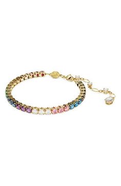 Add vibrant sparkle to your wrist with this elegant bracelet set with multicolor Swarovski crystals and plated in polished goldtone. 6 1/2"–8 1/2" adjustable inner circumference Lobster clasp closure Goldtone plate/Swarovski crystal Imported Multicolor Crystal Jewelry With Jubilee Bracelet, Multicolor Crystal Jubilee Bracelet, Multicolor Crystal Bracelet With Sparkling Stones, Multicolor Sparkling Stones Crystal Bracelet, Multicolor Crystal Round Bracelets, Multicolor Round Crystal Bracelet, Pride Bracelet, Rollerball Perfume, Makeup Bronzer