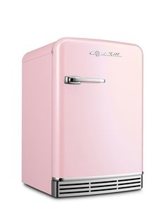 a pink refrigerator freezer sitting on top of a white floor