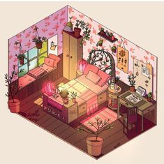 an illustrated drawing of a bedroom with pink walls and flooring, plants on the bed