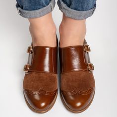 These double strap monk shoes are a sophisticated blend of materials and craftsmanship. Crafted from rich brown leather and featuring tan corduroy panel, they offer a unique texture contrast. Gold-tone side buckles add a touch of elegance, while subtle punch enhances the classic design, making these monks a standout addition to any wardrobe.  Upper & lining: leather and canvas Closure: buckle Fit: true to size or slightly bigger Width: available in regular (B)  Sole: synthetic, slip resistant He Texture Contrast, Brown Womens Shoes, Monk Shoes, Double Monk Strap, Shoes Free, Ideal Wardrobe, Shoes Custom, Brown Shoes, Thick Socks