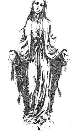 the virgin mary is depicted in this black and white drawing, which appears to be from an old book