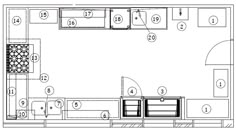 the floor plan for a kitchen with an oven, refrigerator and sink in one room