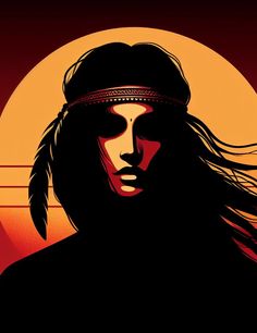 the silhouette of a woman with long hair in front of a full moon and red sky