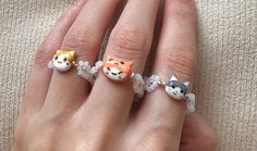 Handmade Kawaii Polymer Clay Jewelry, Handmade Polymer Clay Kawaii Jewelry, White Kawaii Polymer Clay Jewelry, Cute Beaded Rings For Gifts, Pastel Ring, Gold Cat Ring, Flower Pastel, Grey Cat, Daisy Ring