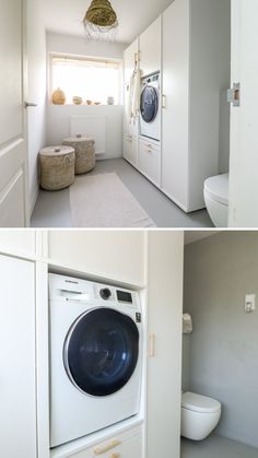 two pictures of a washer and dryer in the same room, one is empty