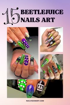 Unleash your inner ghost with this Beetlejuice-inspired nail art! Perfect for Halloween or a themed night out, these nails combine iconic black-and-white stripes with neon green accents for a bold, spooky look. Try this nail design to add a touch of the supernatural to your style! Don’t forget to pin and share your own Beetlejuice nail creations. It’s showtime! #BeetlejuiceNails #HalloweenNailArt #SpookyStyle #NailInspo #NeonNails Beetlejuice Nails, Nail Art Black, Gradient Nail Design, Halloween Manicure, Elegant Nail Designs, Purple Nail Designs, Holiday Nail Designs, Creative Nail Designs