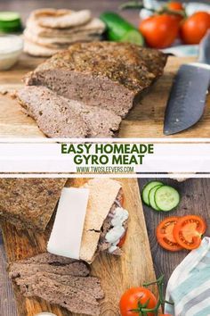 two pictures showing different types of bread and vegetables on a cutting board with the words easy homemade gyro wrap