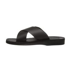 Elan black, handmade leather slide sandals - Model View Black Slip-on Footbed Sandals, Durable Black Slip-on Sandals, Adjustable Black Slip-on Sandals, Comfortable Leather Sandals, Black Leather Sole Slides Slip-on, Black Buckle Closure Slip-on Sandals, Simple Silhouette, Leather Cross, Cross Straps