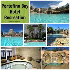 there are pictures of hotels and pools in this collage with the words portfoino bay hotel recreation