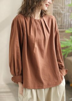 Details: Gender: Women Item Type: Blouse Material: Cotton Pattern Type: Solid Season: Spring, Autumn Style: Leisure, Daily, Retro Occasion: Going Out, Daily Size: One Size Length: 6.00 cm/ 2.36 " Bust: 110.00 cm/ 43.31 " Shoulder: 37.00 cm/ 14.57 " Sleeve: 56.00 cm/ 22.05 " Cotton Solid Color Blouse For Work, Solid Color Cotton Blouse For Work, Brown Long Sleeve Solid Color Blouse, Fall Crew Neck Plain Blouse, Brown Long Sleeve Solid Blouse, Fall Plain Crew Neck Blouse, Brown Solid Color Tops For Work, Fall Season Plain Crew Neck Blouse, Spring Brown Solid Color Blouse