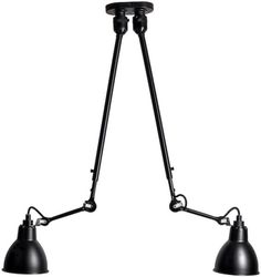 two black lamps hanging from the ceiling