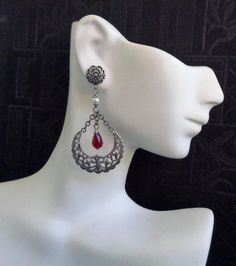 Annabelle Earrings Red and Silver Medieval, Renaissance, Tudor-inspired, Gothic Chandelier Hoops - Etsy Handmade Gothic Wedding Earrings, Gothic Dangle Earrings For Festival, Medieval Metal Jewelry, Gothic Dangle Earrings For Wedding, Red Gothic Earrings For Pierced Ears, Red Bohemian Metal Chandelier Earrings, Ornate Metal Dangle Clip-on Earrings, Bohemian Red Metal Chandelier Earrings, Gothic Pierced Jewelry For Wedding