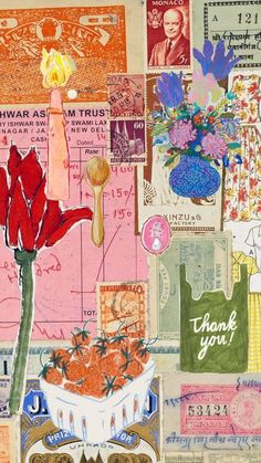 a collage of stamps, flowers and other items