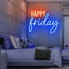 a bed room with a neatly made bed and a neon sign that says happy friday