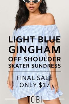 Save money on this short light blue gingham off shoulder skater sundress. Get ready for sundress season by exploring the best sundresses for women in all styles and colors. You will find plenty of maxi and off the shoulder sundresses, short and flirty sundresses, or even strapless sundresses that will look great with sandals or heels all summer long. Shop the best selection of cute cheap sundresses and inexpensive sundresses from TOBI. Catch the TOBI dresses online sale happening now! #sundress Light Blue Gingham