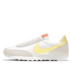 The Nike Daybreak is a modern take on a classic style. Crafted with a soft leather upper in a neutral color palette, this versatile sneaker is perfect for any look. The rubber sole ensures maximum comfort and durability, making it ideal for everyday activities. Inspired by the classic Daybreak series, this 'Pale Ivory Light Citron' edition is a stylish addition to any wardrobe. With its timeless design and versatile colorway, the Nike Daybreak is the perfect addition to any sneaker collection. ( Nike Beige Sneakers With Translucent Outsole, Classic Off White Sneakers For Streetwear, Classic Off-white Sneakers For Streetwear, Modern Cream Sneakers For Streetwear, Sports Sneakers With Translucent Outsole In Cream, Sporty Cream Sneakers With Rubber Sole, Nike Cream Sports Sneakers, Nike Cream Sneakers For Sports, Beige Everyday Sneakers With Cushioned Footbed