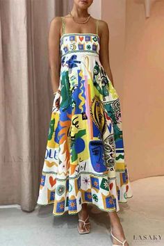 Lasaky - Boho Style Summer Dress with Graphic Print and Square Neck Winter Mini Dresses, Loose Clothing, Maxi Sundress, Mini Robes, Sling Dress, Loose Outfit, 70 Dress, Mixing Prints, Dress Size Chart