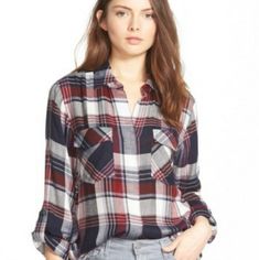 A Sheer, Floral-Lace Panel Backs A Relaxed, Button-Front Plaid Shirt For A Fresh, Feminine Twist On A Rustic Classic. Cool Zip Detailing On The Shoulders And A Long, Split Shirttail Hem Finish The Sassy Look. - Front Button Closure - Spread Collar - Chest Flap Pockets - Long Roll-Tab Sleeves - Shirttail Hem - 100% Rayon With 100% Nylon Contrast - Machine Wash Cold, Tumble Dry Low [C] Casual Plaid Top With Shirttail Hem, Summer Button-up Flannel Shirt, Casual Plaid Tops With Placket, Casual Blouse With Placket And Shirttail Hem, Plaid Button-up Blouse For Day Out, Plaid Button-up Tops For Day Out, Lace Balloons, Plaid Shirt Outfits, Plaid Tank Top