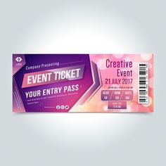 a ticket for an event is shown on a gray background with pink and purple lights