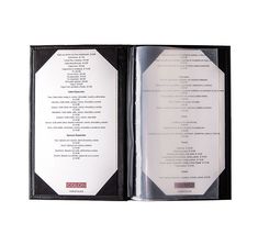 an open book with black and white designs on the front, inside is a menu