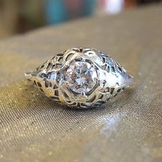 Half Carat Diamond in Beautifully Filigreed Art Deco Mounting Gold Work, Brilliant Diamond, Round Brilliant, Prong Setting, Class Ring, Jewelry Rings, Art Deco, White Gold, Sparkle