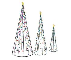 three metal christmas trees with multicolored lights