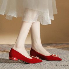 Lasaky - Stylish Red Wedding Shoes with Comfortable Design Red Wedding Shoes, Halter Dress Short, Rough Heels, Red High Heels, Wedding Shoes Heels, Elegant Red, French Women, Bride Shoes, Shoe Covers