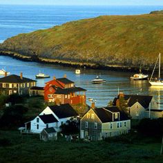 boats are floating in the water near houses and cliffs on an island with green grass