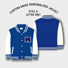 Personalized Kids Sweatshirt Varsity Jacket ROYAL BLUE/WHITE School Shirt Designs, Varsity Letter, Varsity Jackets, Louise Misha, Embroidered Name, The Great White, Kids Sale, White Flats, Baby Milestones