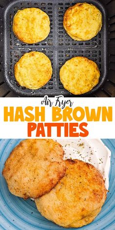 hash brown patties in an air fryer with the text overlay above it