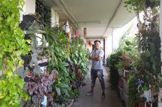 a man is standing in the middle of a room full of plants