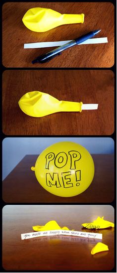 two pictures with the words pop me on them, and an image of a yellow plastic object