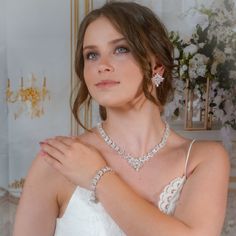 "Statement crystal bridal jewelry set: necklace, bracelet and earrings.  Gorgeous bridal or MOB jewelry set for your wedding day!   This wedding jewelry set is available in silver, gold or pink gold(rose gold) color to match your dress.   Necklace measures about 18\" long.  Earrings are about 1\" long and 1\" wide. Matching regular bracelet is measuring: 7\" long and 1/4\" wide or an adjustable bolo matching bracelet is available as well. High quality guaranteed by GlamourBrideUSA! SHIPPING: Sta Elegant White Jewelry Sets For Brides, Elegant Wedding Jewelry Sets Made Of Crystal, Wedding Jewelry Sets With Elegant Crystal Design, Elegant Wedding Jewelry Sets With Crystal, Hand Set Jewelry For Wedding, White Cubic Zirconia Bridal Jewelry, White Crystal Wedding Jewelry, White Wedding Jewelry Sets With Sparkling Stones, White Sparkling Stones Jewelry Set For Wedding