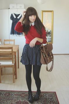 Polka Dots Skirt Outfit, 2010 Hipster, Fall Comfy Outfits, Zooey Deschanel Style, Casual Cottagecore, House Wear, Birkenstock Outfit, Rachel Berry, Collared Top