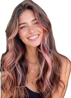 Hair Dyed Pink, Brown Hair With Pink, Brown Hair With Pink Highlights, Hair Highlight Trends, Outfit Graduacion, Hollywood Glam Hair, Colored Bangs, Highlights Ideas, Pink Hair Dye