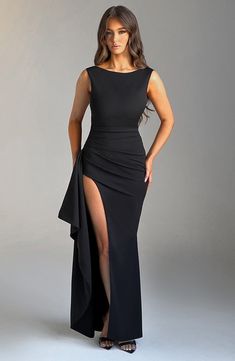 Pandora is all about the sleek glamour. cut from our ultra luxe stretch crepe to hug the body for a super cinched. curve defining fit. With a high. wide boat neckline. this maxi is complete with a super low scoop back. pleats to the waist and a drape detail thigh high split. Style yours with a messy knot. heeled mules and a chic mini bag.   Colour: Black. Premium stretch crepe fabric. Fully lined. High. wide boat neckline. Pleats on waist. Super low scoop back. Drape detail thigh high split. Invisible zipper to reverse. Moulds to figure. Maxi length. Model is an XS and is wearing an XS. Model is an F-cup size. Ball Inspiration, Homecoming Dresses Corset, White Dress Spring, Long Sleeve Bridesmaid Dress, Long Sleeve Homecoming Dresses, Dresses Flowy, Homecoming Dresses Long, Maxi Dress Sale, Popular Dresses